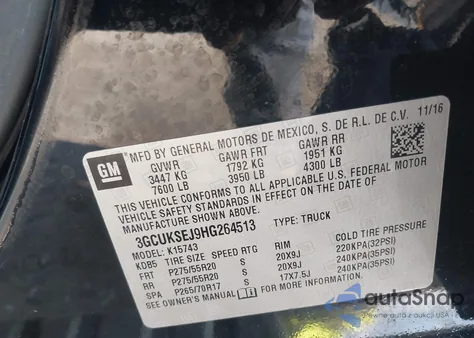 2017 Chevrolet Silverado 1500 1Lz z USA, uszkodzony, nr VIN 3GCUKSEJ9HG264513